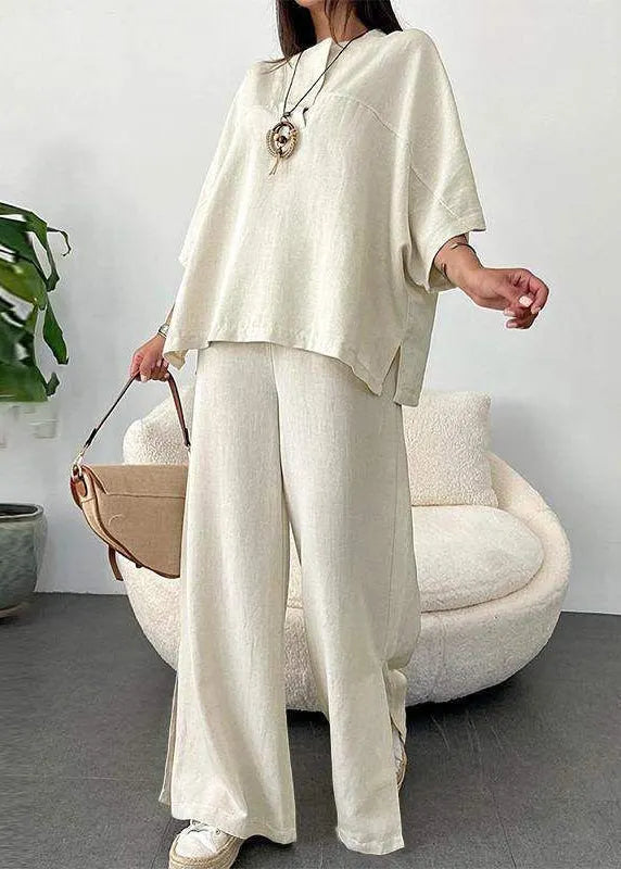 Art White O-neck Patchwork Top and Wide Leg Pants Two Pieces Set Fall