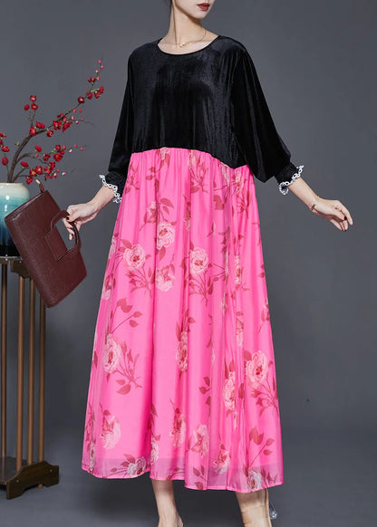 Black Oversized Patchwork Silk Velour Long Dresses Spring
