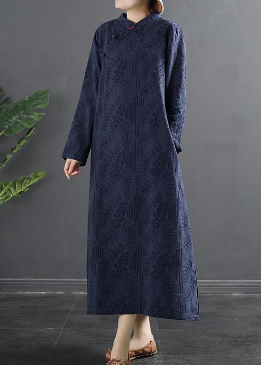 Stand Collar Dress Blue Jacquard Maxi Dresses