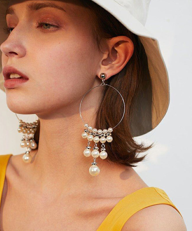 Stylish Silk Circle Pearl Tassels Silver Plated Long Drop Earrings