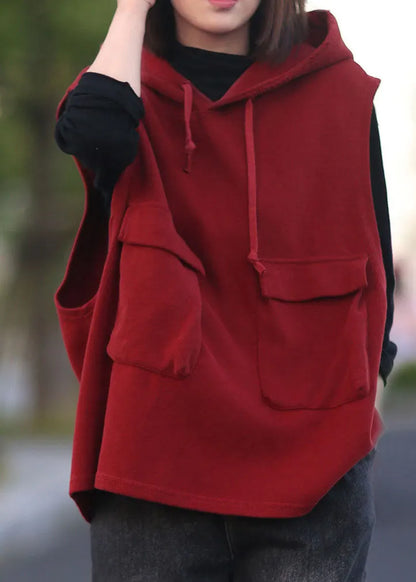 Classy Red Hooded Drawstring Pullover Sleeveless Waistcoat