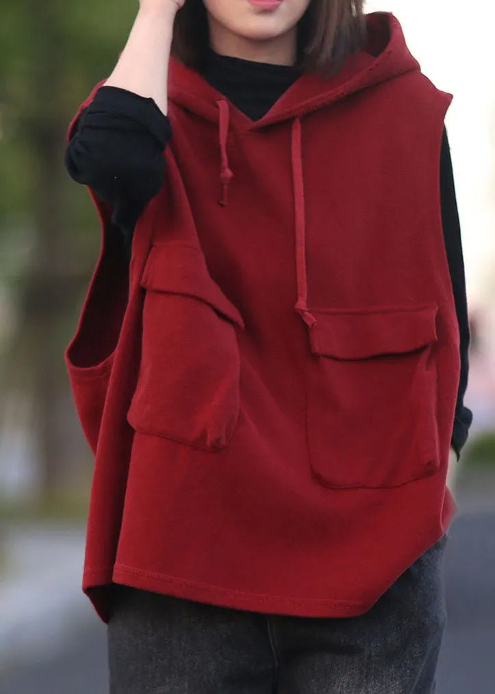 Classy Red Hooded Drawstring Pullover Sleeveless Waistcoat