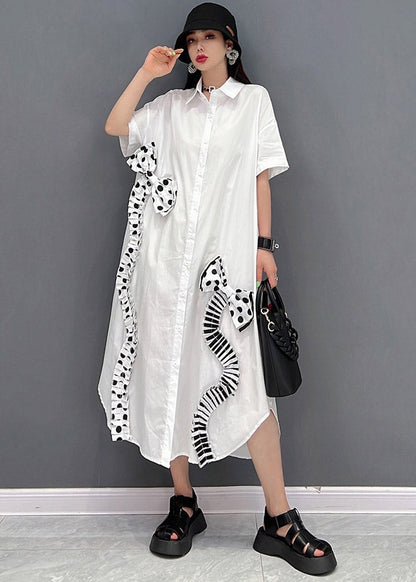 Modern White Peter Pan Collar Asymmetrical Bow Button Party Dress Short Sleeve