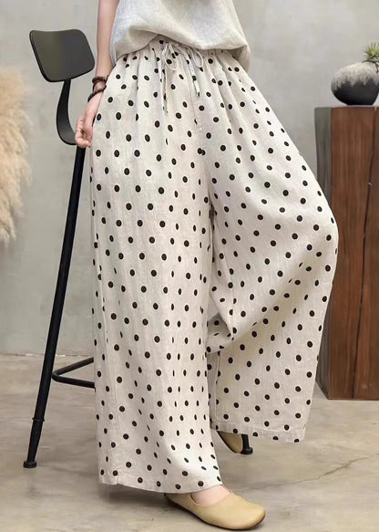 New Dot Pockets Elastic Waist Linen Wide Leg Pants Summer