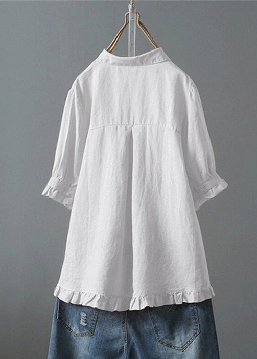 Loose White Ruffled Button Cotton Shirt Summer