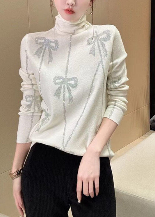 Slim Fit White Turtleneck Zircon Cotton Knit Top Fall