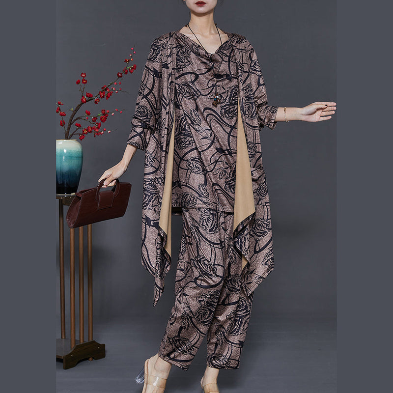 Style Brown Asymmetrical Print Three Piece Set Clothing Spring