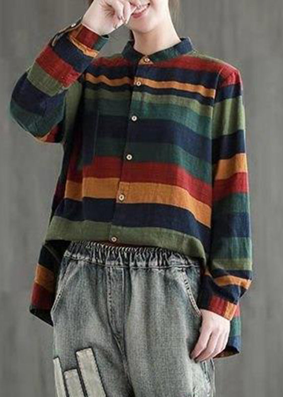 Unique Colorblock Stand Collar Low High Design Button Striped Shirts Long Sleeve