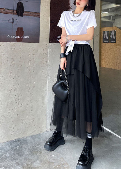 Black Elastic Waist Button Asymmetrical Tulle Patchwork Skirts Spring