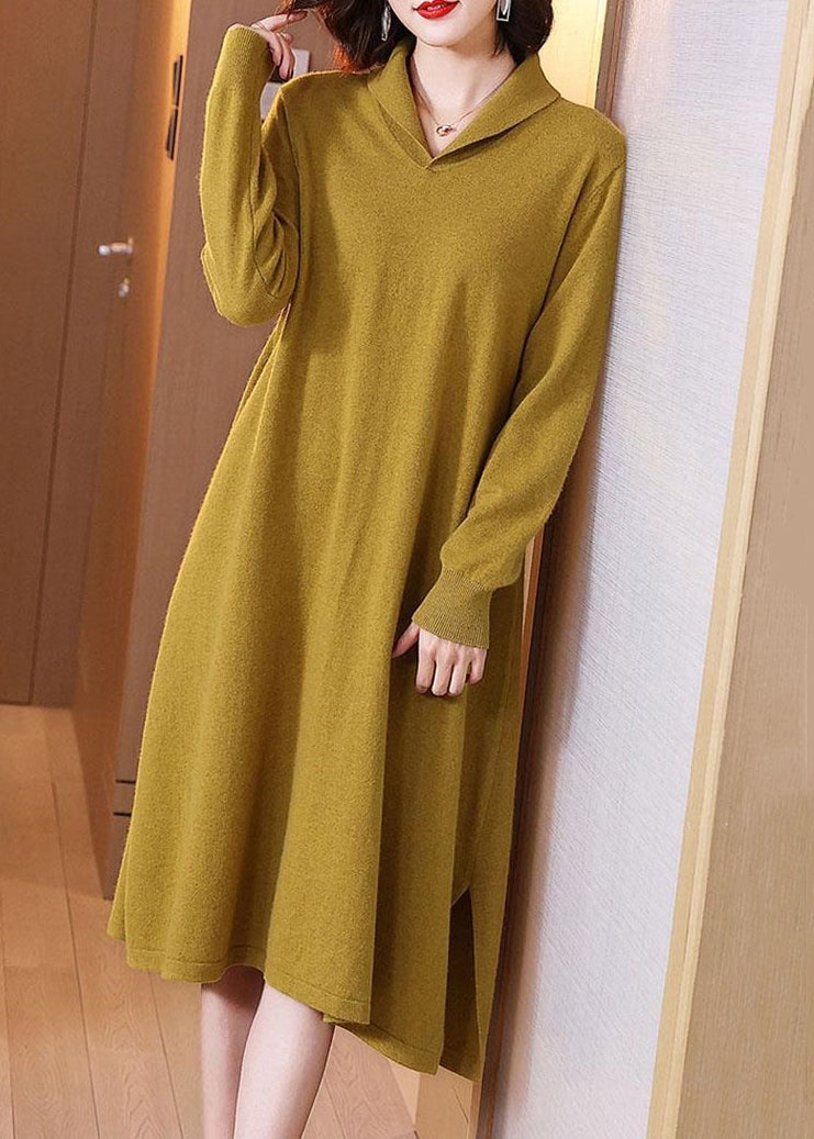 Red Side Peter Pan Collar Open Cotton Knit Dress Long Sleeve