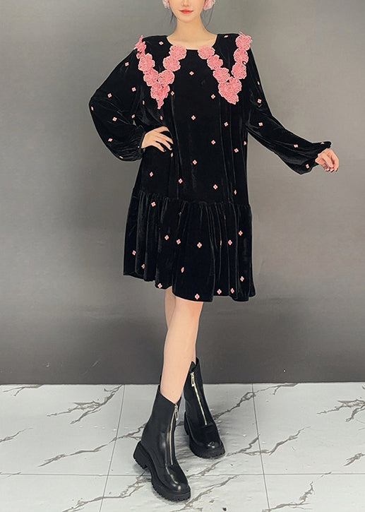 French Black Wrinkled Patchwork Jacquard Velour Dress Fall