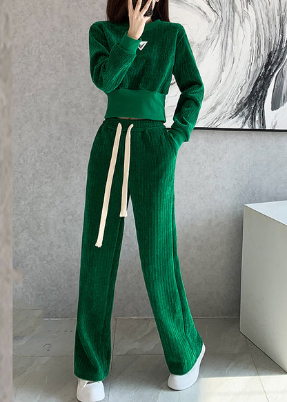 Natural Blue O-neck Top and Wide Leg Pants Two Pieces Set Long Sleeve