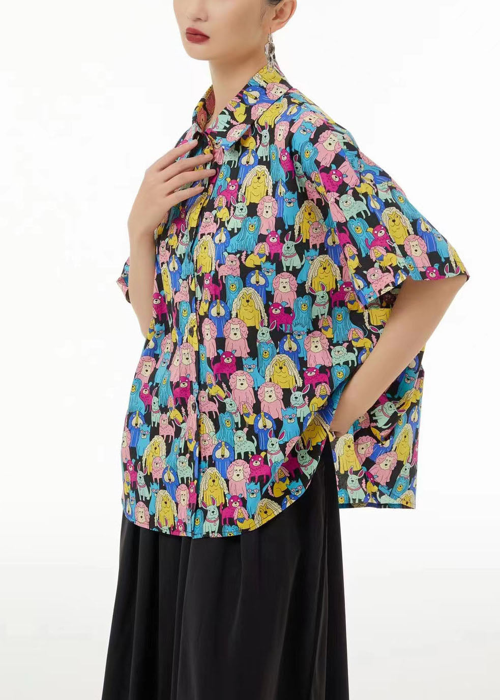 Khaki Peter Pan Collar Animal Print Cotton Blouses Summer