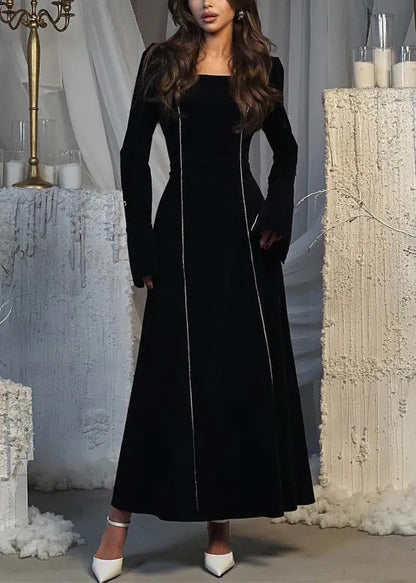 European and American Style Black Square Collar Velour Dresses Flare Sleeve