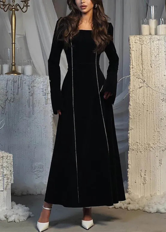 European and American Style Black Square Collar Velour Dresses Flare Sleeve