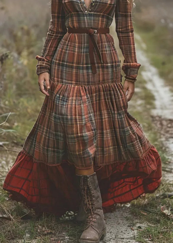 Organic Plaid Wrinkled Patchwork Cotton Long Dresses Spring
