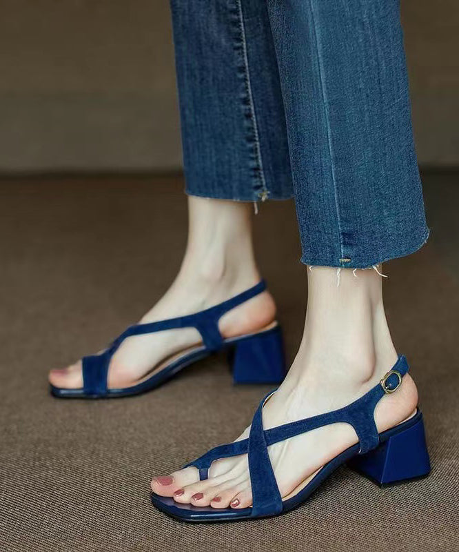 Hollow Out Chunky Sandals Blue Suede
