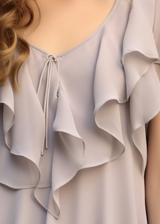 Grey Ruffled Patchwork Chiffon Blouses Summer