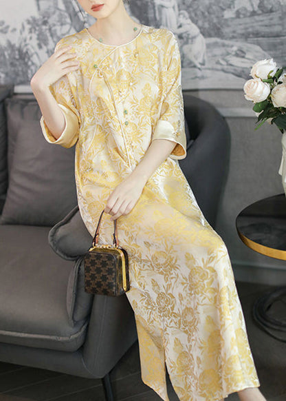 Yellow O Neck Tasseled Print Silk Dress Bracelet Sleeve