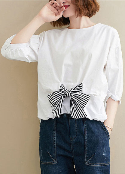 Simple White O-neck Bow Patchwork Fall Top Three Quarter Sleeve