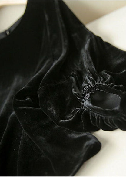 Italian Black O-neck Velour Loose Tops Lantern Sleeve