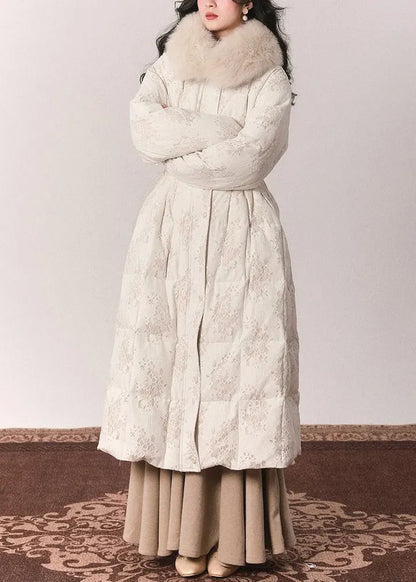 Beige Fur Collar Print Button Tunic Maxi Down Jackets Winter
