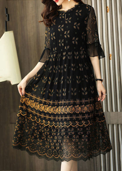 Simple Black Embroideried Patchwork Tulle Maxi Dresses Summer