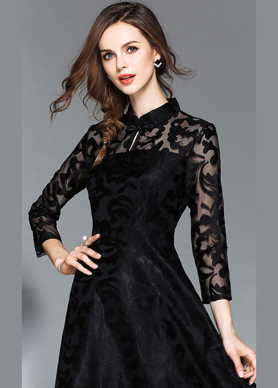 Black Embroideried Lace Dress Stand Collar Fall