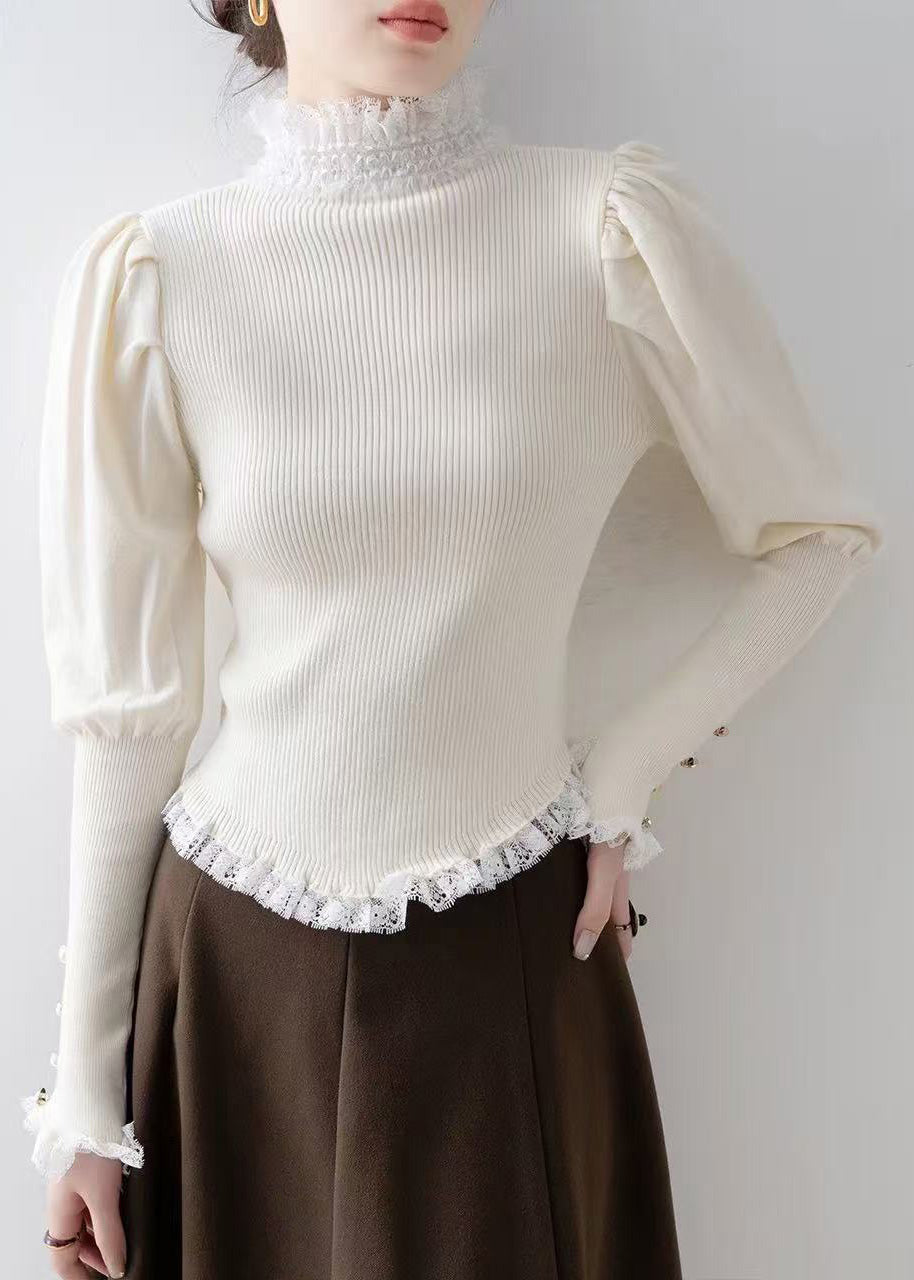 Italian White Silm Fit Patchwork Lace Knitted Tops Winter
