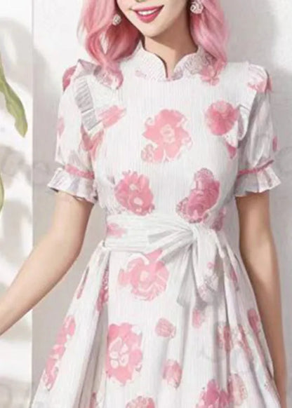 Pink Stand Colla Print Tie Waist Silk Dress Summer