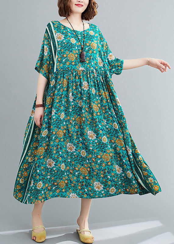 Loose Green O-neck Print Wrinkled Long Dresses Short Sleeve