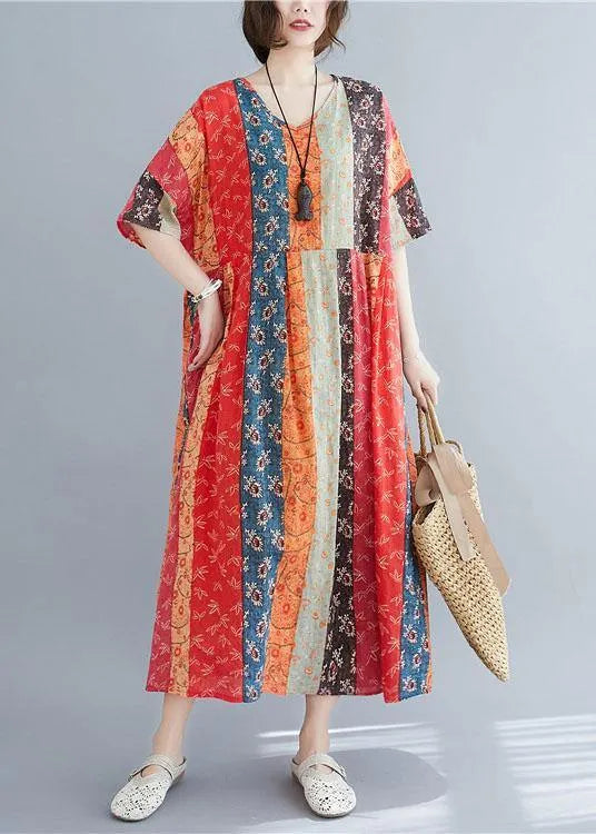 Natural Colorblock Print O-neck Summer Maxi Dresses Half Sleeve