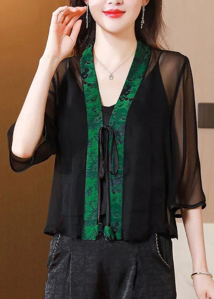 Stylish Green V Neck Print Tie Waist Tulle Upf 50+ Coat Half Sleeve