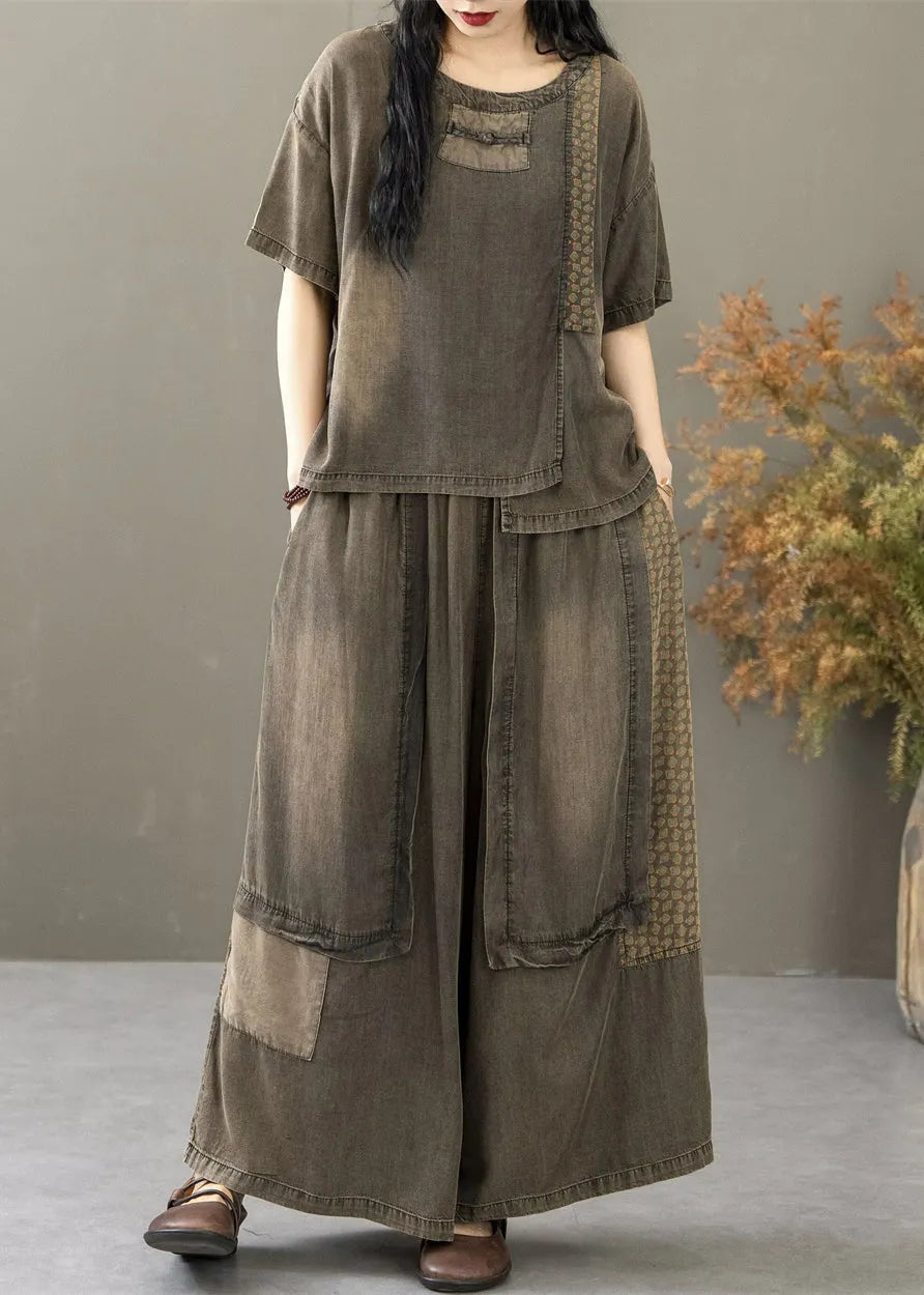 Khaki Elastic Waist Patchwork Denim Two Pieces Set O Neck Short Sleeve