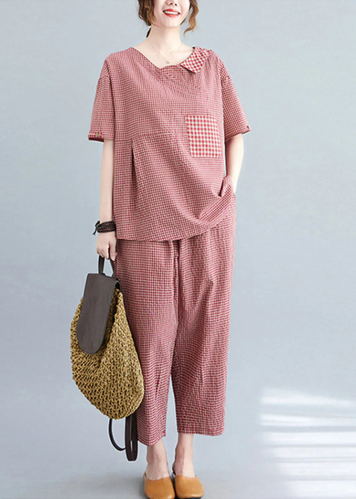 Red Plaid Asymmetrical Pockets Top and Crop Pants Two Pieces Set Summer