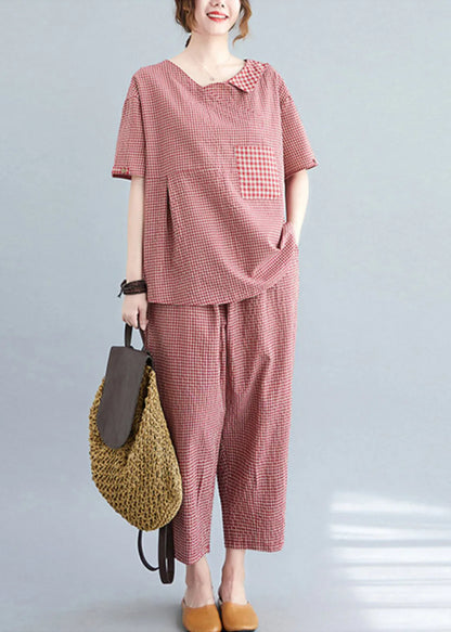 Red Plaid Asymmetrical Pockets Top and Crop Pants Two Pieces Set Summer