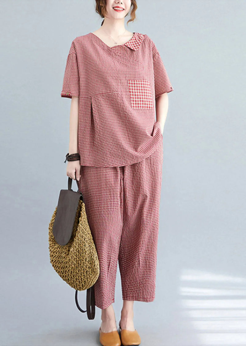 Red Plaid Asymmetrical Pockets Top and Crop Pants Two Pieces Set Summer