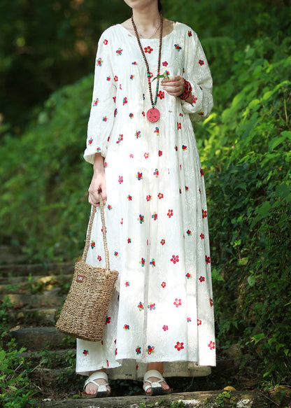 White Cinched Embroidery High-waisted Long Dresses Long Sleeve