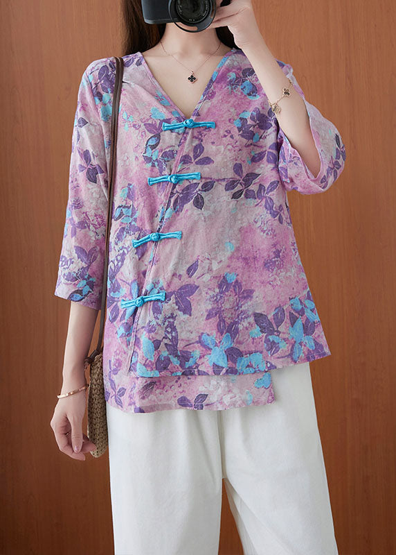 Purple V Neck Button Print Blouse Tops Half Sleeve