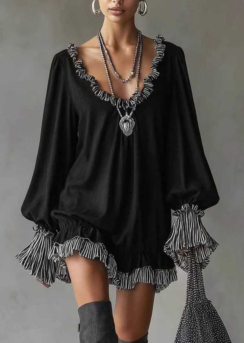 Unique Black Ruffled Patchwork Cotton Mid Dress Spring