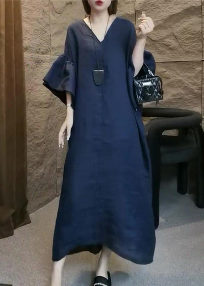 Navy V Neck Linen Long Dress Flare Sleeve