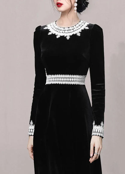 Slim Fit Black O-neck Lace Patchwork Velour Dress Fall