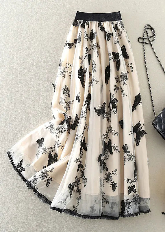 Style Beige Embroidered Butterfly Tulle Skirts Spring