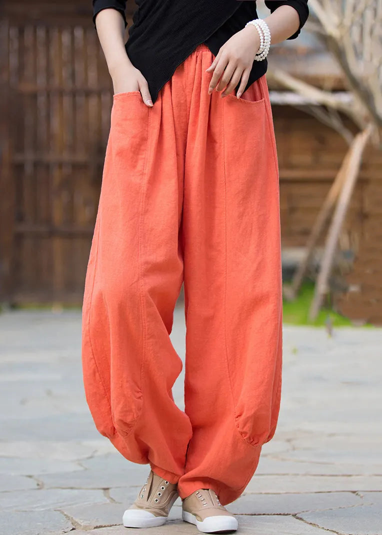 Orange Pockets Linen Pants High Waist