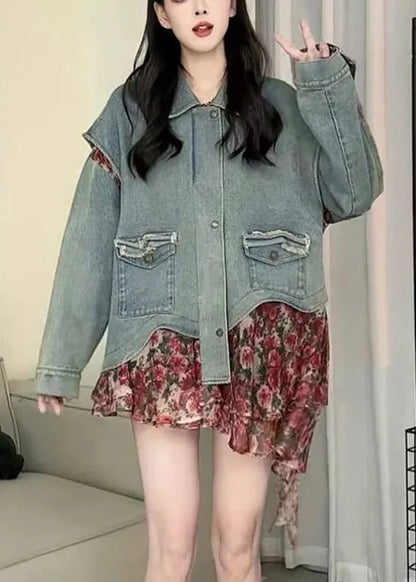 Blue Peter Pan Collar Asymmetrical Print Print Denim Coat Spring