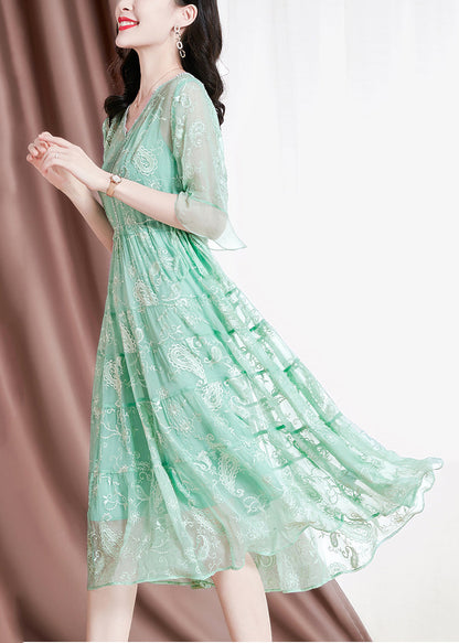 Green V Neck Embroideried Drawstring Silk Vacation Dresses Flare Sleeve