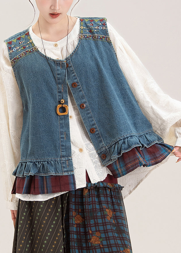 Blue O-neck Ruffled Patchwork Denim Waistcoat and Shirts Two Pieces Set Sleeveless
