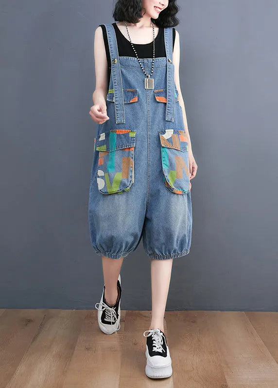 Light Blue Slash Neck Print Button Denim Jumpsuit Summer