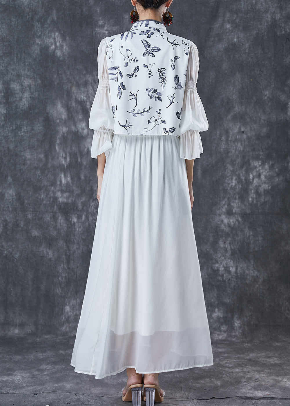 Silm Fit White Tasseled Print Chiffon Sets 2 Pieces Spring