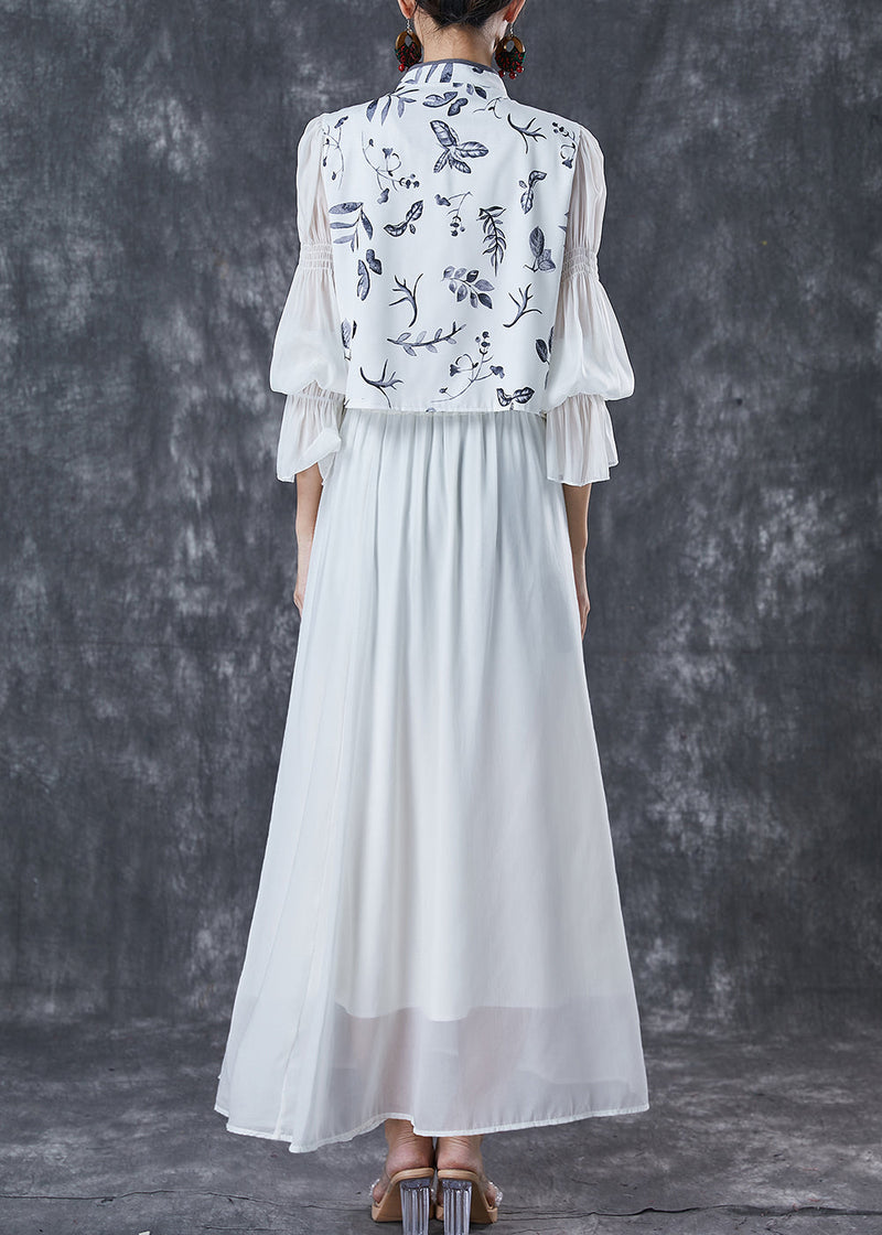 Silm Fit White Tasseled Print Chiffon Sets 2 Pieces Spring